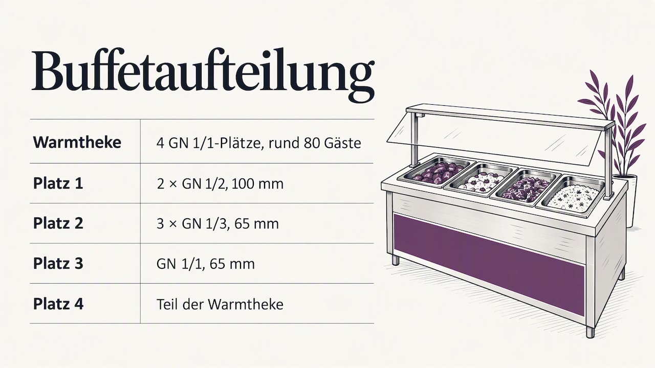 GN-Behälteraufteilung auf vier Buffetplätzen